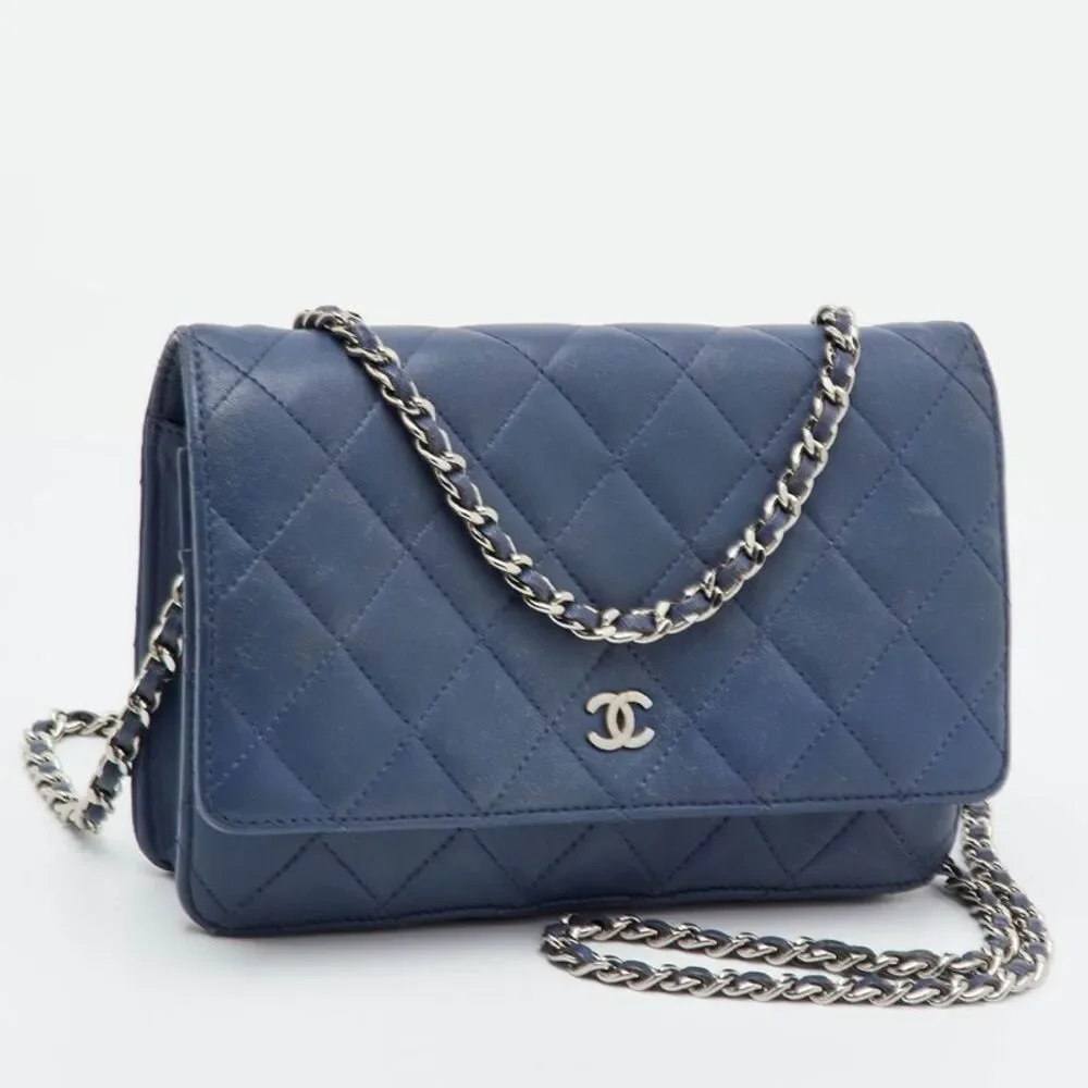 Chanel Woc Blue Quilted Leather Classic Wallet On Chain